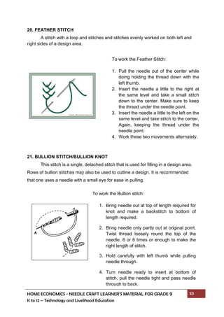 HOME ECONOMICS - NEEDLE CRAFT LEARNER’S MATERIAL FOR GRADE 9 53
K to 12 – Technology and Livelihood Education
20. FEATHER STITCH
A stitch with a loop and stitches and stitches evenly worked on both left and
right sides of a design area.
21. BULLION STITCH/BULLION KNOT
This stitch is a single, detached stitch that is used for filling in a design area.
Rows of bullion stitches may also be used to outline a design. It is recommended
that one uses a needle with a small eye for ease in pulling.
To work the Feather Stitch:
1. Pull the needle out of the center while
doing holding the thread down with the
left thumb.
2. Insert the needle a little to the right at
the same level and take a small stitch
down to the center. Make sure to keep
the thread under the needle point.
3. Insert the needle a little to the left on the
same level and take stitch to the center.
Again, keeping the thread under the
needle point.
4. Work these two movements alternately.
To work the Bullion stitch:
1. Bring needle out at top of length required for
knot and make a backstitch to bottom of
length required.
2. Bring needle only partly out at original point.
Twist thread loosely round the top of the
needle, 6 or 8 times or enough to make the
right length of stitch.
3. Hold carefully with left thumb while pulling
needle through.
4. Turn needle ready to insert at bottom of
stitch, pull the needle tight and pass needle
through to back.
 