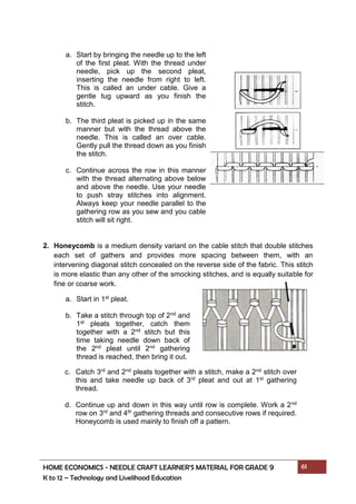 HOME ECONOMICS - NEEDLE CRAFT LEARNER’S MATERIAL FOR GRADE 9 61
K to 12 – Technology and Livelihood Education
2. Honeycomb is a medium density variant on the cable stitch that double stitches
each set of gathers and provides more spacing between them, with an
intervening diagonal stitch concealed on the reverse side of the fabric. This stitch
is more elastic than any other of the smocking stitches, and is equally suitable for
fine or coarse work.
a. Start by bringing the needle up to the left
of the first pleat. With the thread under
needle, pick up the second pleat,
inserting the needle from right to left.
This is called an under cable. Give a
gentle tug upward as you finish the
stitch.
b. The third pleat is picked up in the same
manner but with the thread above the
needle. This is called an over cable.
Gently pull the thread down as you finish
the stitch.
c. Continue across the row in this manner
with the thread alternating above below
and above the needle. Use your needle
to push stray stitches into alignment.
Always keep your needle parallel to the
gathering row as you sew and you cable
stitch will sit right.
a. Start in 1st pleat.
b. Take a stitch through top of 2nd and
1st pleats together, catch them
together with a 2nd stitch but this
time taking needle down back of
the 2nd pleat until 2nd gathering
thread is reached, then bring it out.
c. Catch 3rd and 2nd pleats together with a stitch, make a 2nd stitch over
this and take needle up back of 3rd pleat and out at 1st gathering
thread.
d. Continue up and down in this way until row is complete. Work a 2nd
row on 3rd and 4th gathering threads and consecutive rows if required.
Honeycomb is used mainly to finish off a pattern.
 