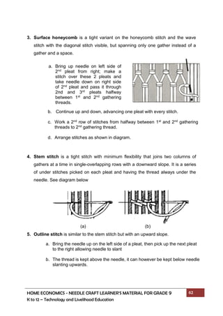 HOME ECONOMICS - NEEDLE CRAFT LEARNER’S MATERIAL FOR GRADE 9 62
K to 12 – Technology and Livelihood Education
3. Surface honeycomb is a tight variant on the honeycomb stitch and the wave
stitch with the diagonal stitch visible, but spanning only one gather instead of a
gather and a space.
4. Stem stitch is a tight stitch with minimum flexibility that joins two columns of
gathers at a time in single-overlapping rows with a downward slope. It is a series
of under stitches picked on each pleat and having the thread always under the
needle. See diagram below
5. Outline stitch is similar to the stem stitch but with an upward slope.
a. Bring up needle on left side of
2nd pleat from right; make a
stitch over these 2 pleats and
take needle down on right side
of 2nd pleat and pass it through
2nd and 3rd pleats halfway
between 1st and 2nd gathering
threads.
b. Continue up and down, advancing one pleat with every stitch.
c. Work a 2nd row of stitches from halfway between 1st and 2nd gathering
threads to 2nd gathering thread.
d. Arrange stitches as shown in diagram.
a. Bring the needle up on the left side of a pleat, then pick up the next pleat
to the right allowing needle to slant
b. The thread is kept above the needle, it can however be kept below needle
slanting upwards.
(a) (b)
 