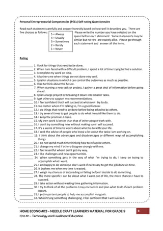 HOME ECONOMICS - NEEDLE CRAFT LEARNER’S MATERIAL FOR GRADE 9 8
K to 12 – Technology and Livelihood Education
5 = Always
4 = Usually
3 = Sometimes
2 = Rarely
1 = Never
Personal Entrepreneurial Competencies (PECs) Self-rating Questionnaire
Read each statement carefully and answer honestly based on how well it describes you. There are
five choices as follows: Please write the number you have selected on the
space before each statement. Some statements may be
similar but no two are exactly alike. Please go through
each statement and answer all the items.
Rating
_________ 1. I look for things that need to be done.
_________ 2. When I am faced with a difficult problem, I spend a lot of time trying to find a solution.
_________ 3. I complete my work on time.
_________ 4. It bothers me when things are not done very well.
_________ 5. I prefer situations in which I can control the outcomes as much as possible.
_________ 6. I like to think about the future.
_________ 7. When starting a new task or project, I gather a great deal of information before going
ahead.
_________ 8. I plan a large project by breaking it down into smaller tasks.
_________ 9. I get others to support my recommendations.
_________ 10. I feel confident that I will succeed at whatever I try to do.
_________ 11. No matter whom I’m talking to, I’m a good listener.
_________ 12. I do things that need to be done before being asked to by others.
_________ 13. I try several times to get people to do what I would like them to do.
_________ 14. I keep the promises I make.
_________ 15. My own work is better than that of other people work with.
_________ 16. I don’t try something new without making sure I will succeed.
_________ 17. It’s a waste of time to worry about what to do with your life.
_________ 18. I seek the advice of people who know a lot about the tasks I am working on.
_________ 19. I think about the advantages and disadvantages or different ways of accomplishing
things.
_________ 20. I do not spend much time thinking how to influence others.
_________ 21. I change my mind if others disagree strongly with me.
_________ 22. I feel resentful when I don’t get my way.
_________ 23. I like challenges and new opportunities.
_________ 24. When something gets in the way of what I’m trying to do, I keep on trying to
accomplish what I want.
_________ 25. I am happy to do someone else’s work if necessary to get the job done on time.
_________ 26. It bothers me when my time is wasted.
_________ 27. I weigh my chances of succeeding or failing before I decide to do something.
_________ 28. The more specific I can be about what I want out of life, the more chances I have to
succeed.
_________ 29. I take action without wasting time gathering information.
_________ 30. I try to think of all the problems I may encounter and plan what to do if each problem
occurs.
_________ 31. I get important people to help me accomplish my goals.
_________ 32. When trying something challenging, I feel confident that I will succeed.
 