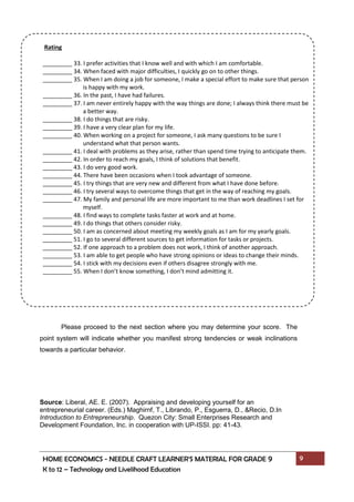 HOME ECONOMICS - NEEDLE CRAFT LEARNER’S MATERIAL FOR GRADE 9 9
K to 12 – Technology and Livelihood Education
Rating
_________ 33. I prefer activities that I know well and with which I am comfortable.
_________ 34. When faced with major difficulties, I quickly go on to other things.
_________ 35. When I am doing a job for someone, I make a special effort to make sure that person
is happy with my work.
_________ 36. In the past, I have had failures.
_________ 37. I am never entirely happy with the way things are done; I always think there must be
a better way.
_________ 38. I do things that are risky.
_________ 39. I have a very clear plan for my life.
_________ 40. When working on a project for someone, I ask many questions to be sure I
understand what that person wants.
_________ 41. I deal with problems as they arise, rather than spend time trying to anticipate them.
_________ 42. In order to reach my goals, I think of solutions that benefit.
_________ 43. I do very good work.
_________ 44. There have been occasions when I took advantage of someone.
_________ 45. I try things that are very new and different from what I have done before.
_________ 46. I try several ways to overcome things that get in the way of reaching my goals.
_________ 47. My family and personal life are more important to me than work deadlines I set for
myself.
_________ 48. I find ways to complete tasks faster at work and at home.
_________ 49. I do things that others consider risky.
_________ 50. I am as concerned about meeting my weekly goals as I am for my yearly goals.
_________ 51. I go to several different sources to get information for tasks or projects.
_________ 52. If one approach to a problem does not work, I think of another approach.
_________ 53. I am able to get people who have strong opinions or ideas to change their minds.
_________ 54. I stick with my decisions even if others disagree strongly with me.
_________ 55. When I don’t know something, I don’t mind admitting it.
Please proceed to the next section where you may determine your score. The
point system will indicate whether you manifest strong tendencies or weak inclinations
towards a particular behavior.
Source: Liberal, AE. E. (2007). Appraising and developing yourself for an
entrepreneurial career. (Eds.) Maghirnf, T., Librando, P., Esguerra, D., &Recio, D.In
Introduction to Entrepreneurship. Quezon City: Small Enterprises Research and
Development Foundation, Inc. in cooperation with UP-ISSI. pp: 41-43.
 