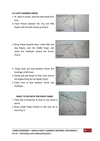 HOME ECONOMICS - NEEDLE CRAFT LEARNER’S MATERIAL FOR GRADE 9 91
K to 12 – Technology and Livelihood Education
Figure 4
Figure 5
Figure 6
For LEFT-HANDED USERS
1. At about 4 inches, draw the ball thread from
loop.
2. Insert thread between the ring and little
fingers with the palm facing up.(Fig,4)
3. Bring thread towards back, under little and
ring fingers, over the middle finger, and
under the forefinger toward the thumb.
(Fig.5)
4. Grasp hook and loop between thumb and
forefinger of left hand.
5. Gently pull pall thread so that it lies around
the fingers firmly but not tightly (Fig.6)
6. Catch knot of loop between thumb and
forefinger.
WHAT TO DO WITH THE RIGHT HAND
1. Take hold of broad bar of hook as you would a
pencil.
2. Bring middle finger forward to rest near tip of
hook (Fig.7)
 