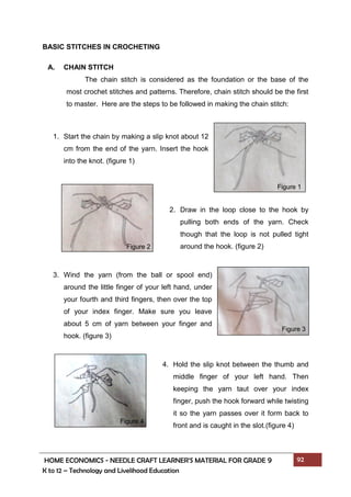 HOME ECONOMICS - NEEDLE CRAFT LEARNER’S MATERIAL FOR GRADE 9 92
K to 12 – Technology and Livelihood Education
Figure 2
Figure 1
Figure 3
Figure 4
BASIC STITCHES IN CROCHETING
A. CHAIN STITCH
The chain stitch is considered as the foundation or the base of the
most crochet stitches and patterns. Therefore, chain stitch should be the first
to master. Here are the steps to be followed in making the chain stitch:
1. Start the chain by making a slip knot about 12
cm from the end of the yarn. Insert the hook
into the knot. (figure 1)
2. Draw in the loop close to the hook by
pulling both ends of the yarn. Check
though that the loop is not pulled tight
around the hook. (figure 2)
3. Wind the yarn (from the ball or spool end)
around the little finger of your left hand, under
your fourth and third fingers, then over the top
of your index finger. Make sure you leave
about 5 cm of yarn between your finger and
hook. (figure 3)
4. Hold the slip knot between the thumb and
middle finger of your left hand. Then
keeping the yarn taut over your index
finger, push the hook forward while twisting
it so the yarn passes over it form back to
front and is caught in the slot.(figure 4)
 