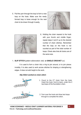 HOME ECONOMICS - NEEDLE CRAFT LEARNER’S MATERIAL FOR GRADE 9 93
K to 12 – Technology and Livelihood Education
1. Count to the 2nd chain from the hook.
Insert the hook, front to back, under the 2
top loops of the foundation chain.
2. Yarn over the hook and draw two loops
through to complete the stitch.
Figure 5
Figure 6
5. Pull the yarn through the loop to form a new
loop on the hook. Make sure the newly
formed loop is loose enough for the next
chain to be drawn through it easily.
6. Holding the chain nearest to the hook
with your thumb and middle finger,
repeat steps 4 and 5 up to the desired
number of chain stitches. Remember
that the loop on the hook is not
counted as part of the total number of
loops. Check also that all chains are of
the same size.
1. SLIP STITCH (pattern abbreviation: slst) or SINGLE CROCHET (sc)
It is used to form a chain into a ring to join around, or to join pieces
invisibly. It is also used to work across stitches for shaping or strengthening
edges. It does not add height to the work.
Slip Stitch worked on chain stitch:
 