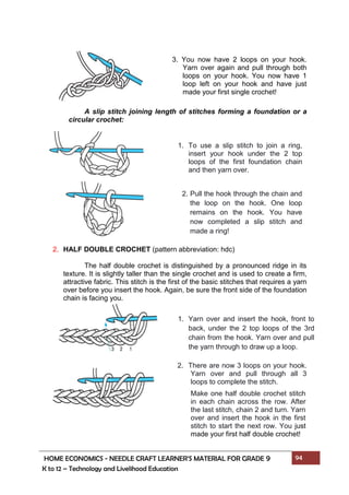 HOME ECONOMICS - NEEDLE CRAFT LEARNER’S MATERIAL FOR GRADE 9 94
K to 12 – Technology and Livelihood Education
3. You now have 2 loops on your hook.
Yarn over again and pull through both
loops on your hook. You now have 1
loop left on your hook and have just
made your first single crochet!
1. Yarn over and insert the hook, front to
back, under the 2 top loops of the 3rd
chain from the hook. Yarn over and pull
the yarn through to draw up a loop.
1. To use a slip stitch to join a ring,
insert your hook under the 2 top
loops of the first foundation chain
and then yarn over.
2. Pull the hook through the chain and
the loop on the hook. One loop
remains on the hook. You have
now completed a slip stitch and
made a ring!
2. There are now 3 loops on your hook.
Yarn over and pull through all 3
loops to complete the stitch.
Make one half double crochet stitch
in each chain across the row. After
the last stitch, chain 2 and turn. Yarn
over and insert the hook in the first
stitch to start the next row. You just
made your first half double crochet!
A slip stitch joining length of stitches forming a foundation or a
circular crochet:
2. HALF DOUBLE CROCHET (pattern abbreviation: hdc)
The half double crochet is distinguished by a pronounced ridge in its
texture. It is slightly taller than the single crochet and is used to create a firm,
attractive fabric. This stitch is the first of the basic stitches that requires a yarn
over before you insert the hook. Again, be sure the front side of the foundation
chain is facing you.
 
