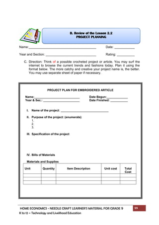 HOME ECONOMICS - NEEDLE CRAFT LEARNER’S MATERIAL FOR GRADE 9 99
K to 12 – Technology and Livelihood Education
Name: Date:
Year and Section: Rating:
C. Direction: Think of a possible crocheted project or article. You may surf the
internet to browse the current trends and fashions today. Plan it using the
format below. The more catchy and creative your project name is, the better.
You may use separate sheet of paper if necessary.
PROJECT PLAN FOR EMBROIDERED ARTICLE
Name: Date Begun:
Year & Sec.: Date Finished:
I. Name of the project:
II. Purpose of the project: (enumerate)
1.
2.
3.
III. Specification of the project
IV. Bills of Materials
Materials and Supplies
Unit Quantity Item Description Unit cost Total
Cost
B. Review of the Lesson 2.2
PROJECT PLANNING
 