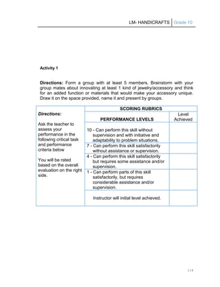 LM- HANDICRAFTS Grade 10
114
Activity 1
Directions: Form a group with at least 5 members. Brainstorm with your
group mates about innovating at least 1 kind of jewelry/accessory and think
for an added function or materials that would make your accessory unique.
Draw it on the space provided, name it and present by groups.
Directions:
Ask the teacher to
assess your
performance in the
following critical task
and performance
criteria below
You will be rated
based on the overall
evaluation on the right
side.
SCORING RUBRICS
PERFORMANCE LEVELS
Level
Achieved
10 - Can perform this skill without
supervision and with initiative and
adaptability to problem situations.
7 - Can perform this skill satisfactorily
without assistance or supervision.
4 - Can perform this skill satisfactorily
but requires some assistance and/or
supervision.
1 - Can perform parts of this skill
satisfactorily, but requires
considerable assistance and/or
supervision.
Instructor will initial level achieved.
 