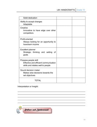 LM- HANDICRAFTS Grade 10
14
Solid dedication
Ability to accept changes
Adaptable
Creative
Innovative to have edge over other
competitors
Profit-oriented
Always looking for an opportunity to
have/earn income
Excellent planner
Strategic thinking and setting of
goals
Possess people skill
Effective and efficient communication
skills and relates well to people
Sound decision maker
Makes wise decisions towards the
set objectives
TOTAL
Interpretation or Insight:
_____________________________________________________________________
_____________________________________________________________________
_____________________________________________________________________
_____________________________________________________________________
_____________________________________________________________________
_____________________________________________________________________
__________.
Reflect and Understand
 
