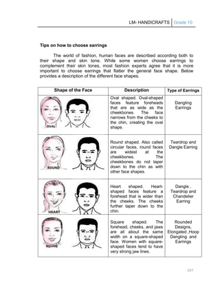 LM- HANDICRAFTS Grade 10
207
Tips on how to choose earrings
The world of fashion, human faces are described according both to
their shape and skin tone. While some women choose earrings to
complement their skin tones, most fashion experts agree that it is more
important to choose earrings that flatter the general face shape. Below
provides a description of the different face shapes.
Shape of the Face Description Type of Earrings
Oval shaped. Oval-shaped
faces feature foreheads
that are as wide as the
cheekbones. The face
narrows from the cheeks to
the chin, creating the oval
shape.
Dangling
Earrings
Round shaped. Also called
circular faces, round faces
are widest at the
cheekbones. The
cheekbones do not taper
down to the chin as with
other face shapes.
Teardrop and
Dangle Earring
Heart shaped. Heart-
shaped faces feature a
forehead that is wider than
the cheeks. The cheeks
further taper down to the
chin.
Dangle ,
Teardrop and
Chandelier
Earring
Square shaped. The
forehead, cheeks, and jaws
are all about the same
width on a square-shaped
face. Women with square-
shaped faces tend to have
very strong jaw lines.
Rounded
Designs,
Elongated ,Hoop
Dangling and
Earrings
 