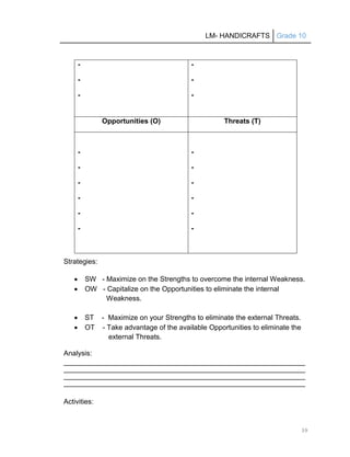 LM- HANDICRAFTS Grade 10
39
Strategies:
 SW - Maximize on the Strengths to overcome the internal Weakness.
 OW - Capitalize on the Opportunities to eliminate the internal
Weakness.
 ST - Maximize on your Strengths to eliminate the external Threats.
 OT - Take advantage of the available Opportunities to eliminate the
external Threats.
Analysis:
__________________________________________________________________________________
__________________________________________________________________________________
__________________________________________________________________________________
__________________________________________________________________________________
Activities:
-
-
-
-
-
-
Opportunities (O) Threats (T)
-
-
-
-
-
-
-
-
-
-
-
-
 