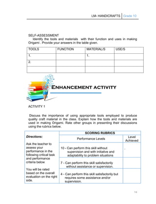 LM- HANDICRAFTS Grade 10
54
SELF-ASSESSMENT
Identify the tools and materials with their function and uses in making
Origami . Provide your answers in the table given.
TOOLS FUNCTION MATERIAL/S USE/S
1. 1.
2.
ACTIVITY 1
Discuss the importance of using appropriate tools employed to produce
quality craft material in the class. Explain how the tools and materials are
used in making Origami. Rate other groups in presenting their discussions
using the rubrics below.
Directions:
Ask the teacher to
assess your
performance in the
following critical task
and performance
criteria below
You will be rated
based on the overall
evaluation on the right
side.
SCORING RUBRICS
Performance Levels
Level
Achieved
10 - Can perform this skill without
supervision and with initiative and
adaptability to problem situations
.
7 - Can perform this skill satisfactorily
without assistance or supervision.
4 - Can perform this skill satisfactorily but
requires some assistance and/or
supervision.
E
En
nh
ha
an
nc
ce
em
me
en
nt
t a
ac
ct
ti
iv
vi
it
ty
y
A
Ac
ct
ti
iv
vi
it
ty
y
 