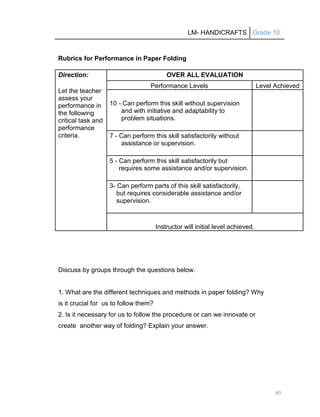 LM- HANDICRAFTS Grade 10
60
Rubrics for Performance in Paper Folding
Direction:
Let the teacher
assess your
performance in
the following
critical task and
performance
criteria.
OVER ALL EVALUATION
Performance Levels Level Achieved
10 - Can perform this skill without supervision
and with initiative and adaptability to
problem situations.
7 - Can perform this skill satisfactorily without
assistance or supervision.
5 - Can perform this skill satisfactorily but
requires some assistance and/or supervision.
3- Can perform parts of this skill satisfactorily,
but requires considerable assistance and/or
supervision.
Instructor will initial level achieved.
Discuss by groups through the questions below.
1. What are the different techniques and methods in paper folding? Why
is it crucial for us to follow them?
2. Is it necessary for us to follow the procedure or can we innovate or
create another way of folding? Explain your answer.
 
