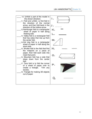 LM- HANDICRAFTS Grade 10
80
_____ 1O. Unfold a part of the model in
the shown direction.
_____11. Fold and unfold, i.e first fold in
the direction of the normal
arrow, and then fold back in the
direction of the hollow arrow.
_____12.Hamburger fold is a rectangular
sheet of paper in half along
thelong side.
_____13. Valley fold is a rectangular fold
that has sides that rise up from
the center fold.
_____14.Hot dog fold is a rectangular
sheet of paper in half along the
short side.
_____15. Shutter fold is the fold that find
the midpoint on a piece of
paper, then fold each side into
meet that point.
_____16. Mountain fold has a side that
slope down from the center
fold.
_____17. Taco fold is to fold the corner
of a sheet of paper over to
create a triangle. Trim any
excess.
_____18. Triangle for making 3D objects
out of paper
………..
__________
 