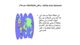 ‫موسعة‬ ‫شبكات‬
( WAN : )
‫وتعني‬ Wide Area Network
• ‫أي‬
‫موسعة‬ ‫شبكة‬ ‫منطقة‬
,
‫في‬
‫ربط‬ ‫يتم‬ ‫الشبكات‬ ‫من‬ ‫النوع‬ ‫هذا‬
‫مناطق‬ ‫في‬ ‫الحاسب‬ ‫أجهزة‬
‫مختلفة‬
(
‫متباعدة‬ ‫مباني‬
)
‫وذلك‬
‫االتصال‬ ‫مثل‬ ‫وسائط‬ ‫باستخدام‬
‫الهاتفي‬
(
‫الهاتف‬ ‫خط‬
)
‫القمر‬ ‫أو‬
‫الصناعي‬
.
 