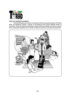 308
HEALTH CAREER PATHWAYS
	 Career pathways are clusters occupations that are grouped because of shared
skills. All pathways include a variety of occupations that require different levels of
education, skills, and training. Selecting a career pathway provides you with an area of
focus, along with flexibility and a variety of ideas to pursue for personal development.
 