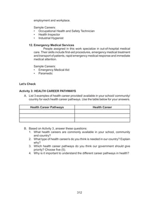 312
employment and workplace.
Sample Careers:
•	 Occupational Health and Safety Technician
•	 Health Inspector
•	 Industrial Hygienist
12.	Emergency Medical Services
People assigned in this work specialize in out-of-hospital medical
care. Their skills include first-aid procedures, emergency medical treatment
and transport of patients, rapid emergency medical response and immediate
medical attention.
Sample Careers:
•	 Emergency Medical Aid
•	 Paramedic
Let’s Check
Activity 3: HEALTH CAREER PATHWAYS
A.	 List 3 examples of health career provided/ available in your school/ community/
country for each health career pathways. Use the table below for your answers.
Health Career Pathways Health Career
B.	 Based on Activity 3, answer these questions:
1.	 What health careers are commonly available in your school, community
and country?
2.	 What type of health career/s do you think is needed in our country? Explain
why?
3.	 Which health career pathways do you think our government should give
priority? Choose five (5).
4.	 Why is it important to understand the different career pathways in health?
 