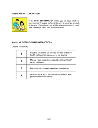 332
Activity 18: DIFFERENTIATED INSTRUCTIONS
Choose one activity
1
Create a poster that will promote medical and allied
health professionals as needed in our country
2
Make a video presentation about the different health
career pathways
3 Compose a song about choosing a health career
4
Write an article about the need of medical and allied
professionals in our country
In the WHAT TO TRANSFER phase, you will apply what you
have learned through a performance or by producing a product.
At the end of the phase, you will be assessed again to check
your knowledge, skills, and attitudes learned.
Part IV: WHAT TO TRANSFER	 			
 