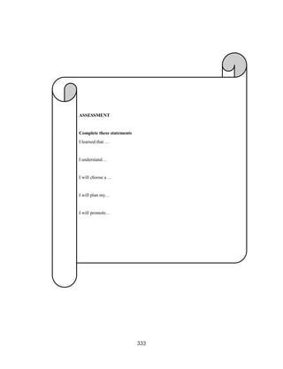 333
ASSESSMENT
Complete these statements
I learned that …
I understand…
I will choose a …
I will plan my…
I will promote…
 