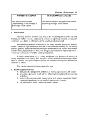 302
Number of Sessions: 10
CONTENT STANDARD PERFORMANCE STANDARD
The learner demonstrates
understanding of the concepts in
planning a health career
The learner prepares an appropriate plan of
action in pursuing a health career
I.	 Introduction
Choosing a career is not an easy thing to do. You don’t just look at the pay and
the security it offers you; you also need to consider your primary interests and passion
which can open doors to other careers that you have not considered.
With lots of professions in healthcare, you might consider getting into a health
career. There is a high demand for workers in the healthcare industry not just locally
but also globally. Health careers are among the most lucrative job options available all
over the world, especially these days, with an aging population and medical advances.
There is a continuous demand for health professionals.
A health career offers a good salary and job security. Educational learning is
widely available in the country with a path for advancement in different specialized
fields of interests. You get to work with people and more importantly make a difference
in the life of others.
This can be a wonderful career waiting for you.
II.	 Learning competencies
1.	 discusses the components and steps in making a personal health career
2.	 prepares a personal health career following the prescribed components
and steps
3.	 explores the various health career paths and selects a particular health
career pathway based on personal competence and interest
4.	 participates in a health career orientation program
 