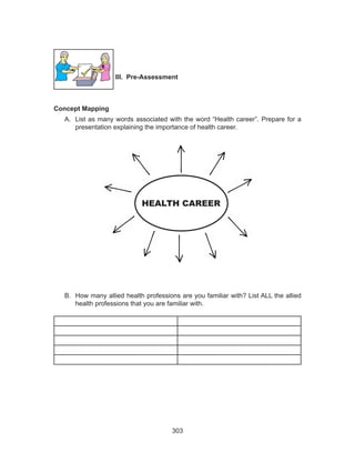 303
HEALTH CAREER
III. Pre-Assessment
Concept Mapping
A.	 List as many words associated with the word “Health career”. Prepare for a
presentation explaining the importance of health career.
B.	 How many allied health professions are you familiar with? List ALL the allied
health professions that you are familiar with.
 
