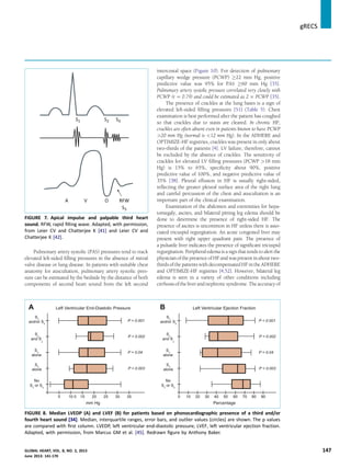 Pulmonary artery systolic (PAS) pressures tend to track
elevated left-sided ﬁlling pressures in the absence of mitral
valve disease or lung disease. In patients with suitable chest
anatomy for auscultation, pulmonary artery systolic pres-
sure can be estimated by the bedside by the distance of both
components of second heart sound from the left second
intercostal space (Figure 10). For detection of pulmonary
capillary wedge pressure (PCWP) !22 mm Hg, positive
predictive value was 95% for PAS !60 mm Hg [35].
Pulmonary artery systolic pressure correlated very closely with
PCWP (r ¼ 0.79) and could be estimated as 2 Â PCWP [35].
The presence of crackles at the lung bases is a sign of
elevated left-sided ﬁlling pressures [51] (Table 5). Chest
examination is best performed after the patient has coughed
so that crackles due to stasis are cleared. In chronic HF,
crackles are often absent even in patients known to have PCWP
20 mm Hg (normal is 12 mm Hg). In the ADHERE and
OPTIMIZE-HF registries, crackles was present in only about
two-thirds of the patients [4]. LV failure, therefore, cannot
be excluded by the absence of crackles. The sensitivity of
crackles for elevated LV ﬁlling pressures (PCWP 18 mm
Hg) is 15% to 65%, speciﬁcity about 90%, positive
predictive value of 100%, and negative predictive value of
35% [38]. Pleural effusion in HF is usually right-sided,
reﬂecting the greater pleural surface area of the right lung
and careful percussion of the chest and auscultation is an
important part of the clinical examination.
Examination of the abdomen and extremities for hepa-
tomegaly, ascites, and bilateral pitting leg edema should be
done to determine the presence of right-sided HF. The
presence of ascites is uncommon in HF unless there is asso-
ciated tricuspid regurgitation. An acute congested liver may
present with right upper quadrant pain. The presence of
a pulsatile liver indicates the presence of signiﬁcant tricuspid
regurgitation. Peripheral edema is a sign that tends to alert the
physician of the presence of HF and was present in about two-
thirdsofthe patients with decompensated HFinthe ADHERE
and OPTIMIZE-HF registries [4,52]. However, bilateral leg
edema is seen in a variety of other conditions including
cirrhosis of the liver and nephrotic syndrome.The accuracyof
FIGURE 7. Apical impulse and palpable third heart
sound. RFW, rapid ﬁlling wave. Adapted, with permission,
from Leier CV and Chatterjee K [41] and Leier CV and
Chatterjee K [42].
mm Hg
Left Ventricular End-Diastolic Pressure
S3
and/or S4
S3
and S
4
S3
alone
S4
alone
No
S3
or S4
5 010 15 20 25 30 35
Percentage
Left Ventricular Ejection Fraction
S3
and/or S4
S3
and S
4
S3
alone
S4
alone
No
S3
or S4
0706050403020 01 80 90
A B
P = 0.003
P = 0.04
P = 0.002
P  0.001
P = 0.003
P = 0.04
P = 0.002
P  0.001
FIGURE 8. Median LVEDP (A) and LVEF (B) for patients based on phonocardiographic presence of a third and/or
fourth heart sound [34]. Median, interquartile ranges, error bars, and outlier values (circles) are shown. The p values
are compared with ﬁrst column. LVEDP, left ventricular end-diastolic pressure; LVEF, left ventricular ejection fraction.
Adapted, with permission, from Marcus GM et al. [45]. Redrawn ﬁgure by Anthony Baker.
gRECS j
GLOBAL HEART, VOL. 8, NO. 2, 2013 147
June 2013: 141-170
 
