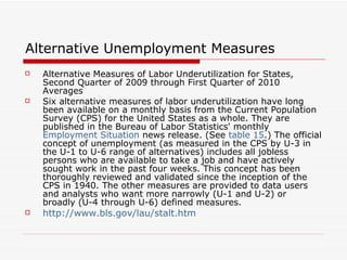 Alternative Unemployment Measures Alternative Measures of Labor Underutilization for States, Second Quarter of 2009 through First Quarter of 2010 Averages Six alternative measures of labor underutilization have long been available on a monthly basis from the Current Population Survey (CPS) for the United States as a whole. They are published in the Bureau of Labor Statistics' monthly  Employment Situation  news release. (See  table 15 .) The official concept of unemployment (as measured in the CPS by U-3 in the U-1 to U-6 range of alternatives) includes all jobless persons who are available to take a job and have actively sought work in the past four weeks. This concept has been thoroughly reviewed and validated since the inception of the CPS in 1940. The other measures are provided to data users and analysts who want more narrowly (U-1 and U-2) or broadly (U-4 through U-6) defined measures. http://www.bls.gov/lau/stalt.htm   
