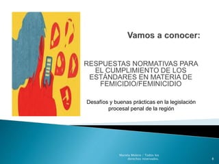 RESPUESTAS NORMATIVAS PARA
EL CUMPLIMIENTO DE LOS
ESTÁNDARES EN MATERIA DE
FEMICIDIO/FEMINICIDIO
Desafíos y buenas prácticas en la legislación
procesal penal de la región
8
Mariela Molero / Todos los
derechos reservados.
 