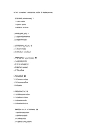 INDICE (con enlace a las distintas familas de Angiospermas)
1. POACEAE (= Gramineae) 1
1.1. Avena sterilis
1.2. Elymus repens
1.3. Hordeum murinum
2. PAPAVERACEAE 5
2.1. Papaver somniferum
2.2. Papaver rhoeas
3. CARYOPHYLLACEAE 10
3.1. Stellaria media
3.2. Holosteum umbellatum
4. FABACEAE (= Leguminosae) 14
4.1. Acacia dealbata
4.2. Cercis siliquastrum
4.3. Spartium junceum
4.4. Vicia villosa
5. ROSACEAE 25
5.1. Prunus armeniaca
5.2. Prunus cerasifera
5.3. Rosa sp.
6. GERANIACEAE 32
6.1. Erodium moschatum
6.2. Erodium ciconium
6.3. Geranium molle
6.4. Geranium lucidum
7. BRASSICACEAE (=Cruciferae) 38
7.1. Diplotaxis erucoides
7.2. Diplotaxis virgata
7.3. Cardaria draba
7.4. Capsella bursa-pastoris
 