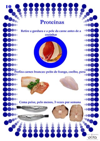 10

Proteínas
Retire a gordura e a pele da carne antes de a
cozinhar

Prefira carnes brancas: peito de frango, coelho, peru

Coma peixe, pelo menos, 3 vezes por semana

 