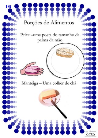 16

Porções de Alimentos
Peixe –uma posta do tamanho da
palma da mão

Manteiga – Uma colher de chá

 