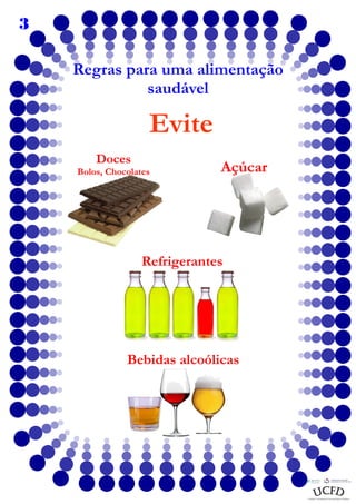 3
Regras para uma alimentação
saudável

Evite
Doces
Bolos, Chocolates

Açúcar

Refrigerantes

Bebidas alcoólicas

 
