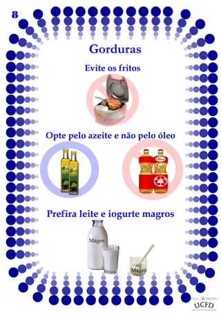 8

Gorduras
Evite os fritos

Opte pelo azeite e não pelo óleo

Prefira leite e iogurte magros
Magro

Magro

 