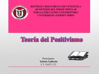 REPÚBLICA BOLIVARIANA DE VENEZUELA
MINISTERIO DEL PODER POPULAR
PARA LA EDUCACIÓN UNIVERSITARIA
UNIVERSIDAD «FERMÍN TORO»
Participante
Yafenis Gallardo
C.I. 18.671.121
 