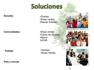 Escuela: •Charlas.
•Áreas verdes.
•Plantar Árboles.
Comunidades: •Áreas verdes
•Cubos de reciclaje
•Abono
•UCAB
Trabajo: •Charlas
•Áreas Verdes
País y mundo
 