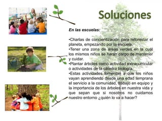 En la comunidad, en el país y en el mundo
En las escuelas:
•Charlas de concientización para reforestar el
planeta, empezando por la escuela.
•Tener una zona de áreas verdes en la cuál
los mismos niños se harán cargo de mantener
y cuidar.
•Plantar árboles como actividad extracurricular
o actividades de la cátedra biología.
•Estas actividades fomentan a que los niños
vayan aprendiendo desde una edad temprana
el servicio a la comunidad, trabajo en equipo y
la importancia de los árboles en nuestra vida y
que sepan que si nosotros no cuidamos
nuestro entorno ¿quién lo va a hacer?
 