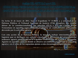 En fecha 21 de Junio de 2011, bajo el Expediente Nº 11-0829, y a solicitud de la
Defensa Pública, el Tribunal Supremo de Justicia (TSJ) desaplicó, por control
difuso de la constitucionalidad, los artículos 471-A y 472 del Código Penal
Venezolano en aquellos casos en donde se observe un conflicto entre particulares
devenido por la actividad agraria.
Con esta acción de la Defensa Pública, la mesa de trabajo interinstitucionales
lograron que se declarara con carácter vinculante la aplicación del procedimiento
ordinario agrario establecido en el Capítulo VI de la Ley de Tierras y Desarrollo
Agrario en aquellos casos en donde se observe un conflicto causado por la actividad
agraria y en el resto de los supuestos ajenos a esta circunstancia especialísima.
 