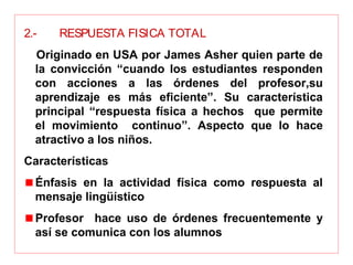 2.- RESPUESTA FISICA TOTAL
  Originado en USA por James Asher quien parte de 
la  convicción  “cuando  los  estudiantes  responden 
con  acciones  a  las  órdenes  del  profesor,su 
aprendizaje  es  más  eficiente”.  Su  característica 
principal  “respuesta  física  a  hechos    que  permite 
el  movimiento    continuo”.  Aspecto  que  lo  hace 
atractivo a los niños.
Características
Énfasis  en  la  actividad  física  como  respuesta  al 
mensaje lingüístico
Profesor    hace  uso  de  órdenes  frecuentemente  y 
así se comunica con los alumnos
 