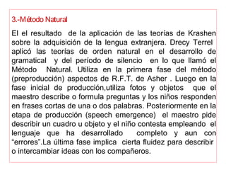 3.-Método Natural
El el resultado de la aplicación de las teorías de Krashen
sobre la adquisición de la lengua extranjera. Drecy Terrel
aplicó las teorías de orden natural en el desarrollo de
gramatical y del período de silencio en lo que llamó el
Método Natural. Utiliza en la primera fase del método
(preproducción) aspectos de R.F.T. de Asher . Luego en la
fase inicial de producción,utiliza fotos y objetos que el
maestro describe o formula preguntas y los niños responden
en frases cortas de una o dos palabras. Posteriormente en la
etapa de producción (speech emergence) el maestro pide
describir un cuadro u objeto y el niño contesta empleando el
lenguaje que ha desarrollado completo y aun con
“errores”.La última fase implica cierta fluidez para describir
o intercambiar ideas con los compañeros.
 