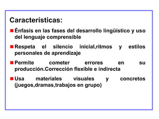 Características:
Énfasis en las fases del desarrollo lingüístico y uso 
del lenguaje comprensible
Respeta  el  silencio  inicial,ritmos  y  estilos 
personales de aprendizaje
Permite  cometer  errores  en  su 
producción.Corrección flexible e indirecta
Usa  materiales  visuales  y  concretos 
(juegos,dramas,trabajos en grupo)
 