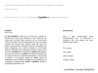 Extrema ordem traz extrema desordem. A razão entre ordem e desordem é contingente.
(Robert Smithson)
Conhecimento | Limite | Fragilidade | Equilíbrio | Antago-dependência
equilíbrio
e.qui.lí.brio
sm (lat aequilibriu) Estado de um corpo que é atraído ou
solicitado por forças cuja resultante é nula. Estado de um
corpo que se mantém sobre um apoio, sem se inclinar para
nenhum dos lados. Estado da política geral em que as nações
convivem de maneira que nenhuma pode pôr outra em
perigo. Justa proporção. Proporção, harmonia. Equivalência de
forças antagônicas num sistema fechado de inter-relação
dinâmica. Comedimento, moderação cautelosa. Domínio de si
mesmo. E. do ânimo: juízo imparcial. E. estático, Fís:equilíbrio
do corpo em repouso. E. estável, Fís: estado de equilíbrio de
um corpo tal que, ao ser levemente deslocado, o corpo tende
a retomar a sua posição original. E. social: estado de
integração em que tendências antagônicas ou competitivas se
compensam reciprocamente. Perder o equilíbrio: desviar-se
da posição de equilíbrio e cair.
apontamentos
Areia e água representando forças
complementares que se confrontam e
respeitam. Ora uma avança, ora recua.
Equilíbrio não estático.
fim / começo
areia / água
sólido / líquido
conexão / limite
Luiza Moron, jornada 16/04/2013.
 