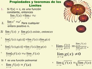 Propiedades y teoremas de los
Límites
entonces
existe
x
g
y
x
f
Si
a
x
a
x
,
)
(
lim
)
(
lim


)
(
lim
)
(
lim
)]
(
)
(
[
lim x
g
x
f
x
g
x
f
a
x
a
x
a
x 





)
(
lim
).
(
lim
)]
(
).
(
[
lim x
g
x
f
x
g
x
f
a
x
a
x
a
x 



2. Para cualquier
entero positivo n.
n
n
a
x
a
x 

lim
1. Si f(x) = c, es una función
constante, entonces
c
c
x
f
a
x
a
x




lim
)
(
lim
3.
4.
5.
)
(
lim
)
(
[
lim x
f
c
x
cf
a
x
a
x 


Si f es una función polinomial
)
(
)
(
lim a
f
x
f
a
x


6.
0
)
(
lim
,
lim )
(
lim
)
(
lim
)
(
)
(



 

x
g
a
x
x
g
x
f
x
g
x
f
a
x a
x
a
x
7.
8. n
a
x
n
a
x
x
f
x
f )
(
lim
)
(
lim



 