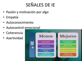 SEÑALES DE IE
• Pasión y motivación por algo
• Empatía
• Autoconocimiento
• Autocontrol emocional
• Coherencia
• Asertividad
 