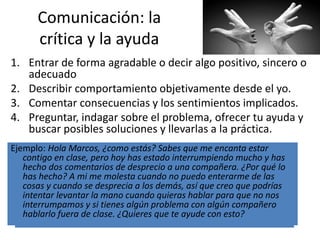 Comunicación: la
crítica y la ayuda
1. Entrar de forma agradable o decir algo positivo, sincero o
adecuado
2. Describir comportamiento objetivamente desde el yo.
3. Comentar consecuencias y los sentimientos implicados.
4. Preguntar, indagar sobre el problema, ofrecer tu ayuda y
buscar posibles soluciones y llevarlas a la práctica.
• Ejemplo: Hola, sabes que te tengo aprecio y eres un buen
compañero, pero ayer ví como insultabas a una chica y no
me gustó porque creo que la chica se pudo sentir
incómoda, eso puede hacer que cada vez haya más
insultos en la clase y empeore la convivencia. Quería
preguntarte por qué lo hiciste, si ha algún problema o
algo en lo que pueda ayudar y buscar alguna solución.
Ejemplo: Hola Marcos, ¿como estás? Sabes que me encanta estar
contigo en clase, pero hoy has estado interrumpiendo mucho y has
hecho dos comentarios de desprecio a una compañera. ¿Por qué lo
has hecho? A mi me molesta cuando no puedo enterarme de las
cosas y cuando se desprecia a los demás, así que creo que podrías
intentar levantar la mano cuando quieras hablar para que no nos
interrumpamos y si tienes algún problema con algún compañero
hablarlo fuera de clase. ¿Quieres que te ayude con esto?
 