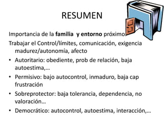 RESUMEN
Importancia de la familia y entorno próximo.
Trabajar el Control/límites, comunicación, exigencia
madurez/autonomía, afecto
• Autoritario: obediente, prob de relación, baja
autoestima,…
• Permisivo: bajo autocontrol, inmaduro, baja cap
frustración
• Sobreprotector: baja tolerancia, dependencia, no
valoración…
• Democrático: autocontrol, autoestima, interacción,…
 