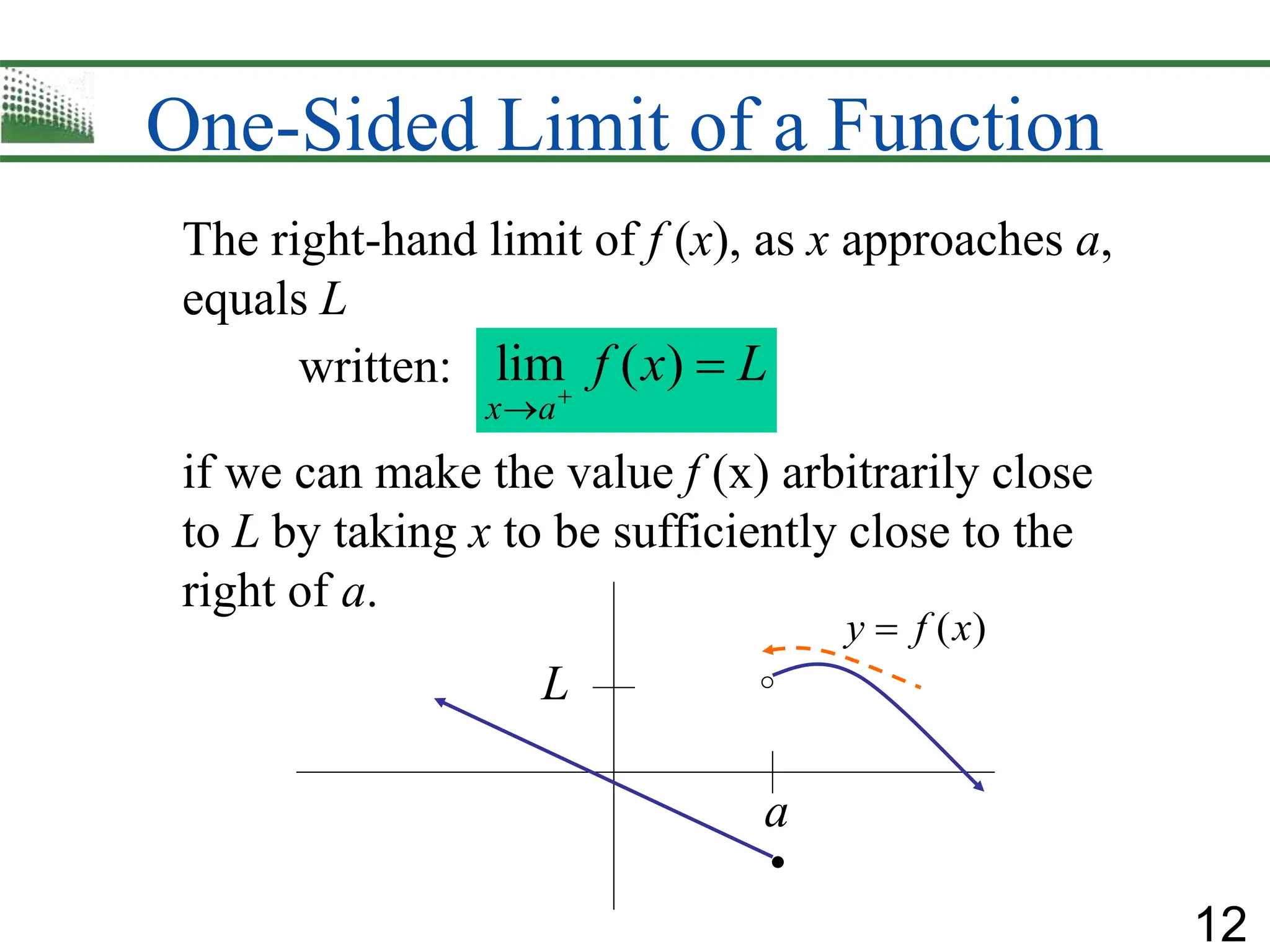 12
One-Sided Limit of a Function
The right-hand limit of f (x), as x approaches a,
equals L
written:
if we can make the value f (x) arbitrarily close
to L by taking x to be sufficiently close to the
right of a.
lim ( )
x a
f x L



a
L
( )
y f x

 
