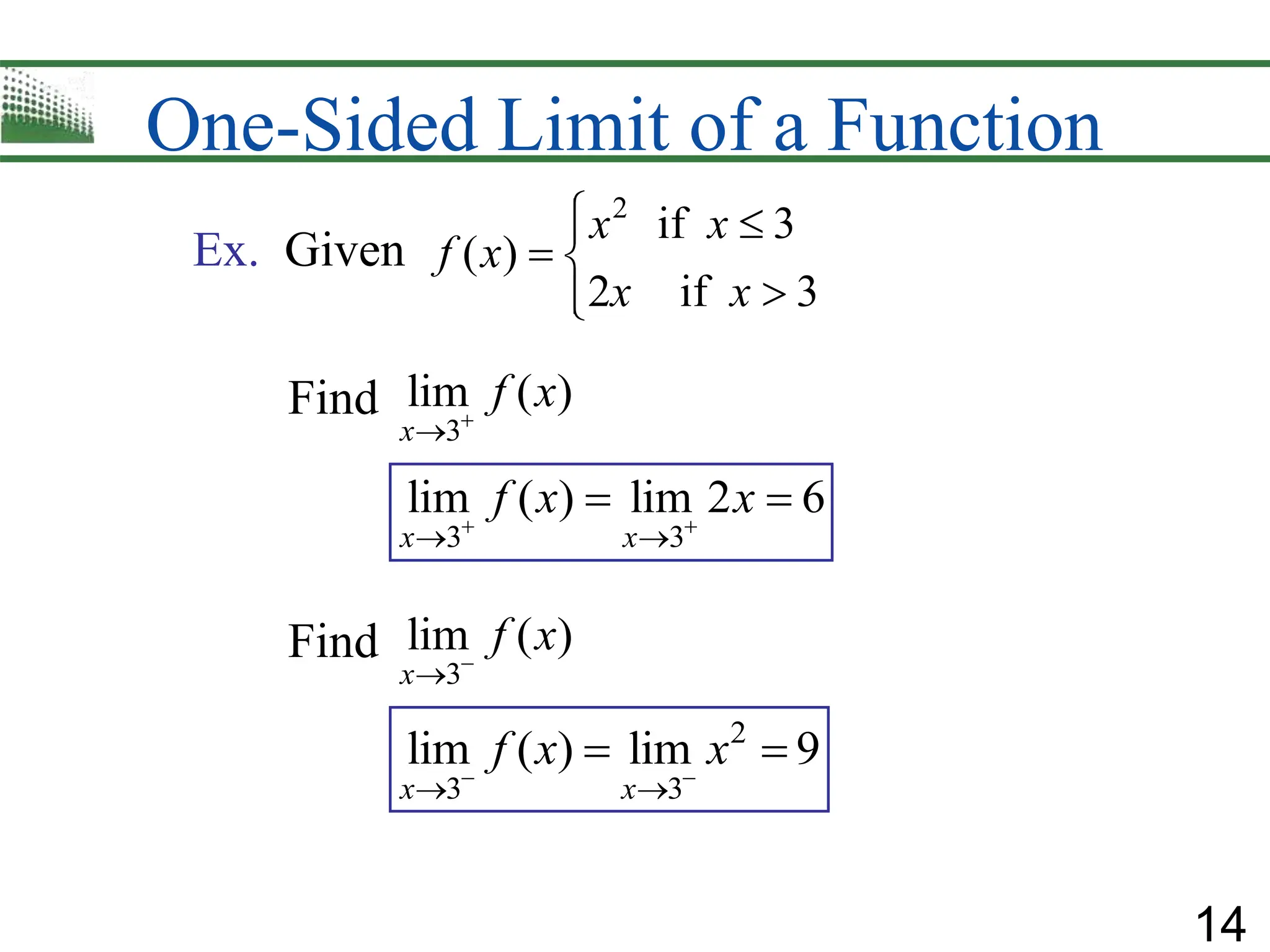 14
One-Sided Limit of a Function
2
if 3
( )
2 if 3
x x
f x
x x
 

 



Ex. Given
3
lim ( )
x
f x


3 3
lim ( ) lim 2 6
x x
f x x
 
 
 
2
3 3
lim ( ) lim 9
x x
f x x
 
 
 
Find
Find
3
lim ( )
x
f x


 