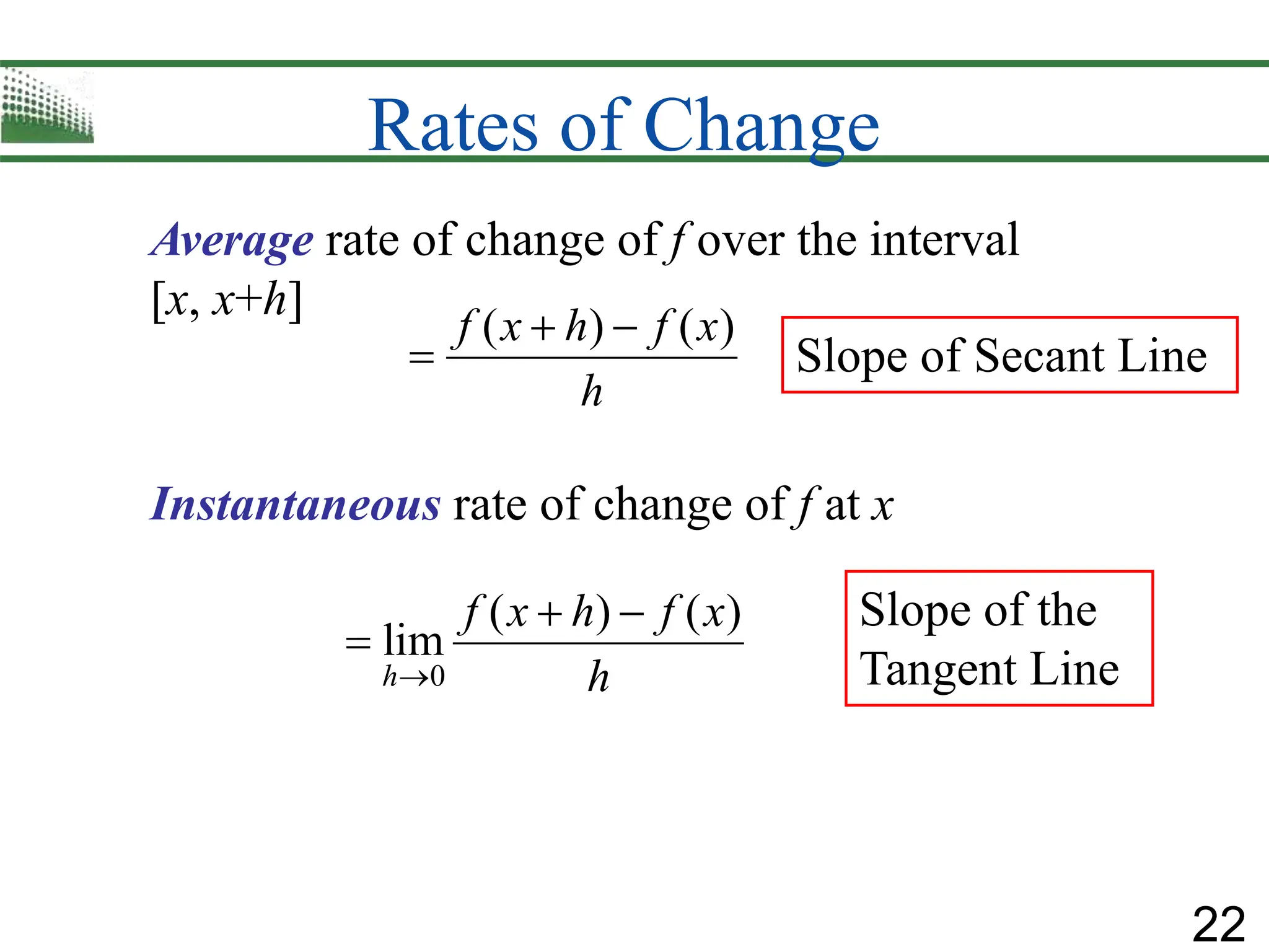 22
Rates of Change
Average rate of change of f over the interval
[x, x+h]
( ) ( )
f x h f x
h
 

Instantaneous rate of change of f at x
Slope of the
Tangent Line
Slope of Secant Line
0
( ) ( )
lim
h
f x h f x
h

 

 