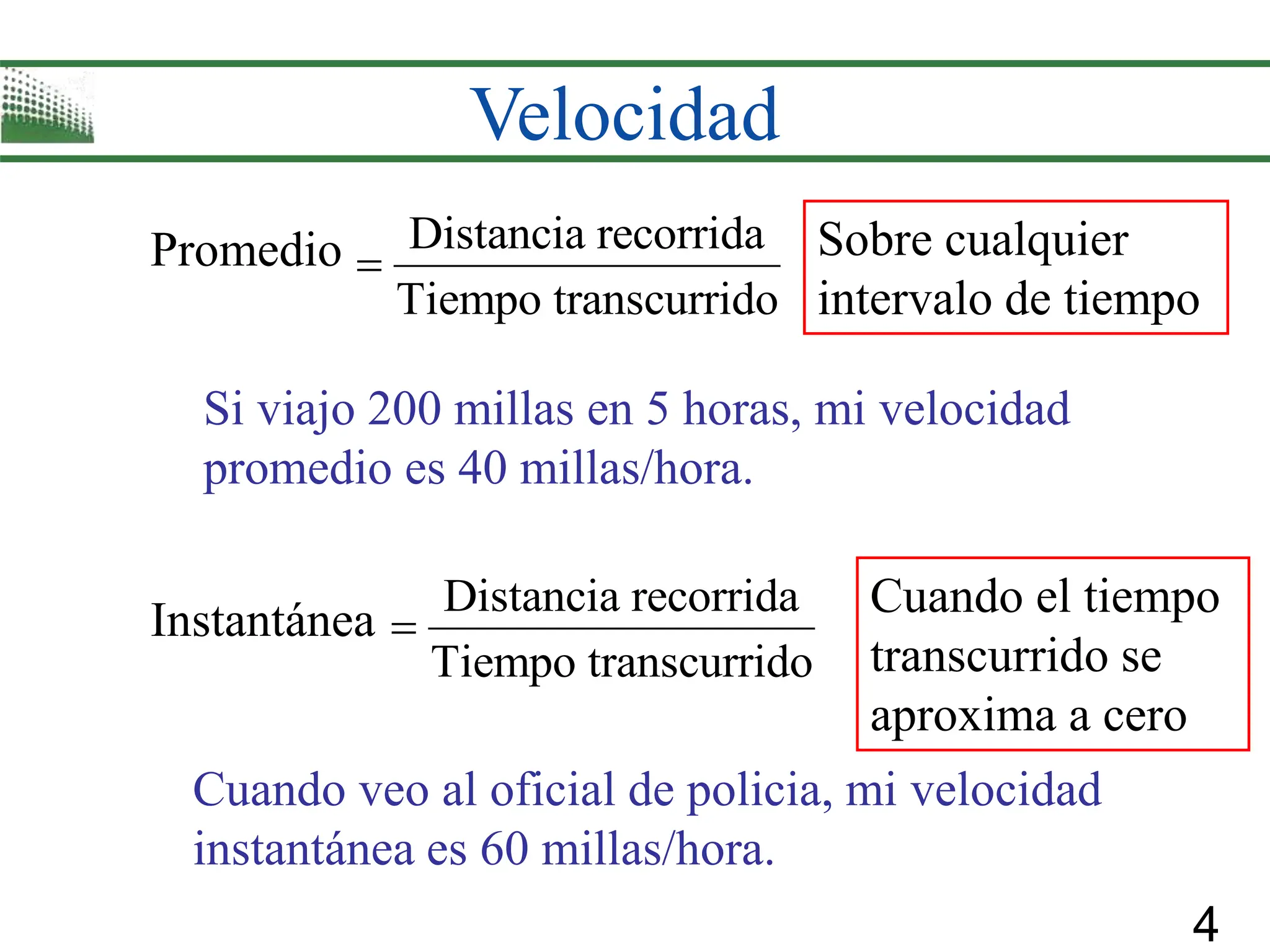 4
Velocidad
Promedio Distancia recorrida
Tiempo transcurrido

Instantánea Cuando el tiempo
transcurrido se
aproxima a cero
Sobre cualquier
intervalo de tiempo
Si viajo 200 millas en 5 horas, mi velocidad
promedio es 40 millas/hora.
Cuando veo al oficial de policia, mi velocidad
instantánea es 60 millas/hora.
Distancia recorrida
Tiempo transcurrido

 