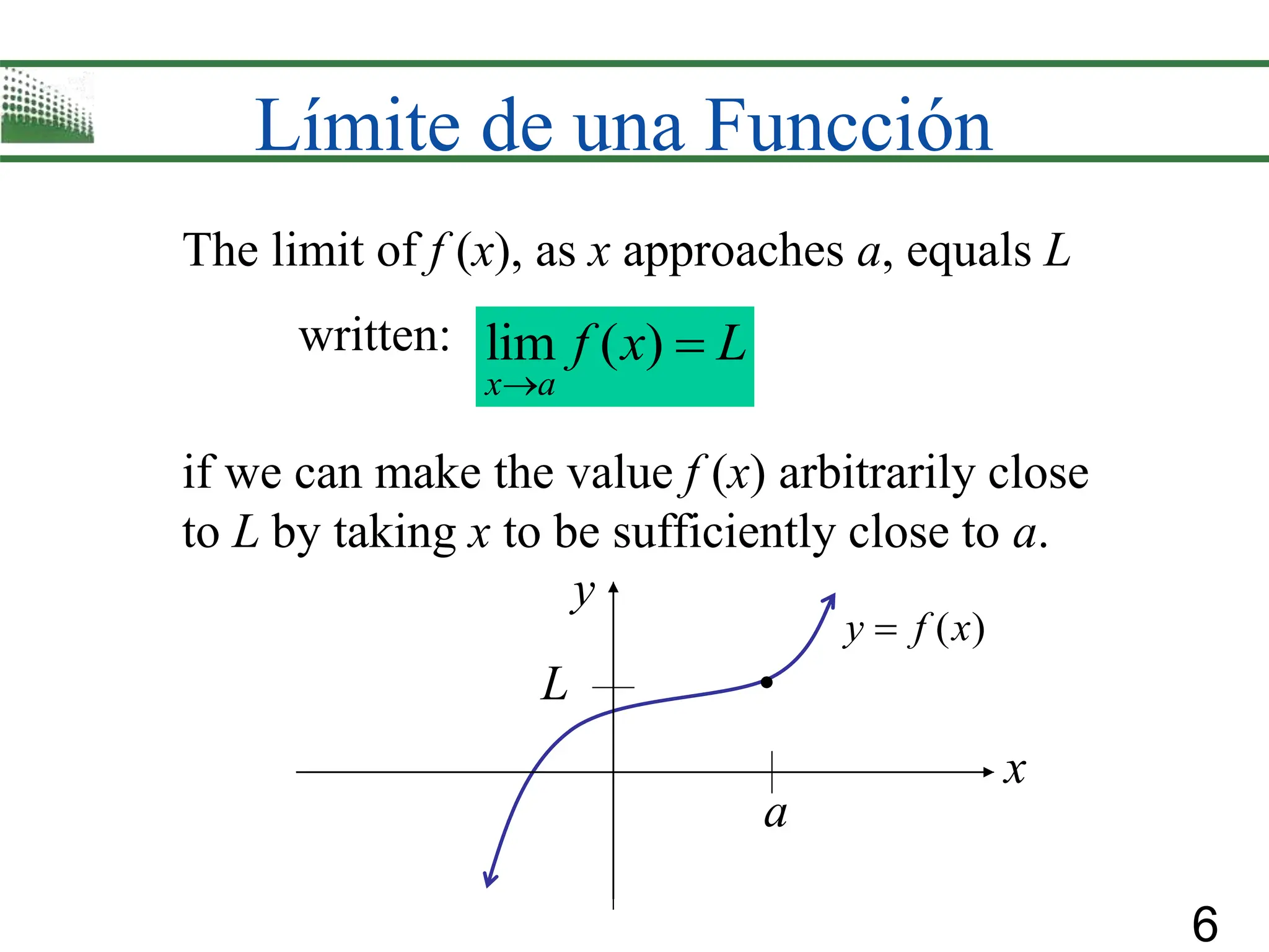 6
Límite de una Funcción
The limit of f (x), as x approaches a, equals L
written:
if we can make the value f (x) arbitrarily close
to L by taking x to be sufficiently close to a.
lim ( )
x a
f x L


a
L
( )
y f x

x
y
 