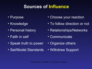 Sources of Influence

• Purpose                                 • Choose your reaction
• Knowledge                               • To follow direction or not
• Personal history                        • Relationships/Networks
• Faith in self                           • Communicate
• Speak truth to power                    • Organize others
• Set/Model Standards                     • Withdraw Support


                  Adapted from: Ira Challeff, The Courageous Follower
 
